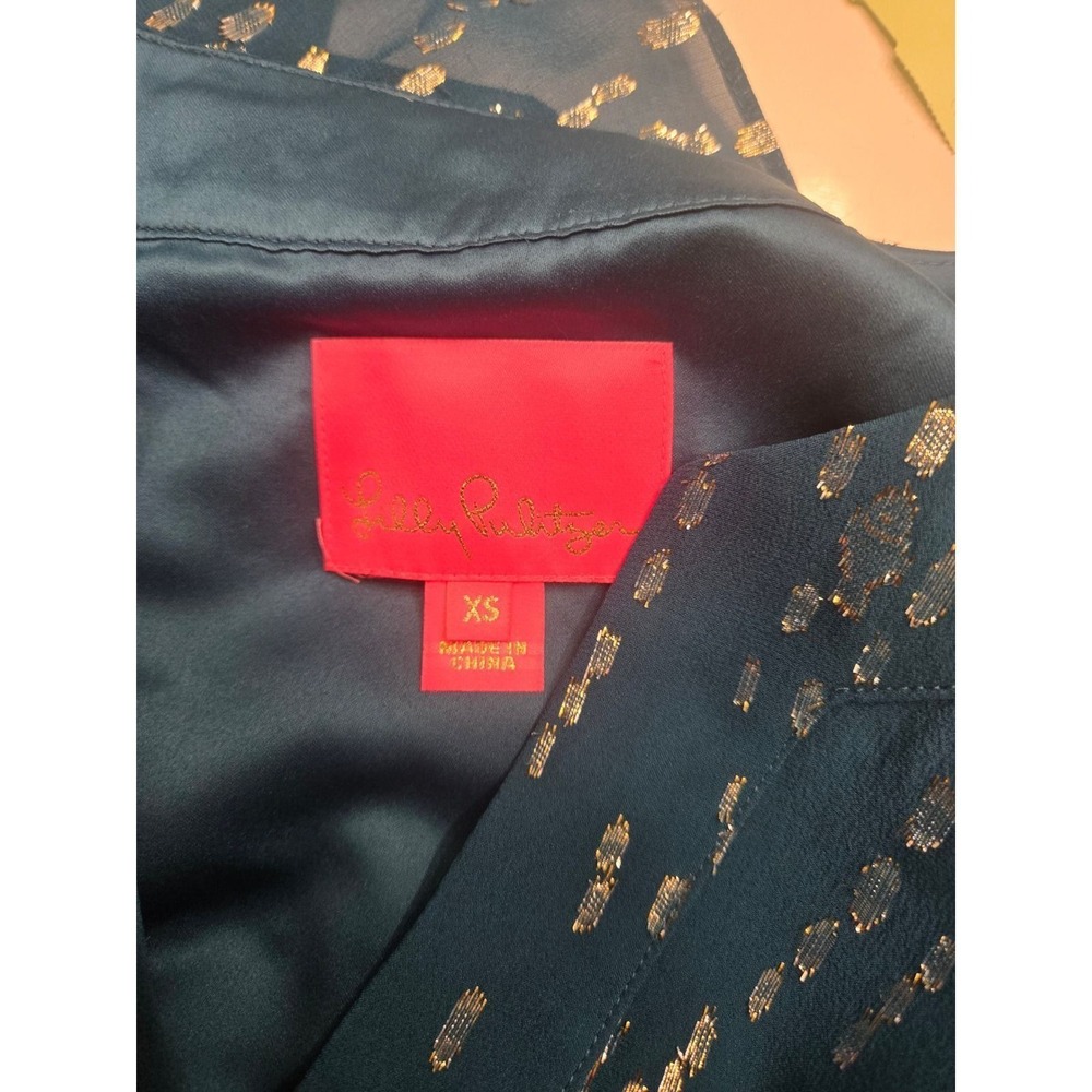 Lilly Pulitzer Silk Metallic Gold Foil Teal Blue Bell Sleeve Shift Dress XS - Picture 4 of 5